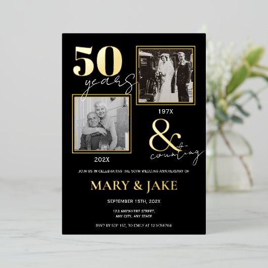 50回目のゴールデンウェディングアニバーサリー あの時と今 箔招待状 (立ち正面)