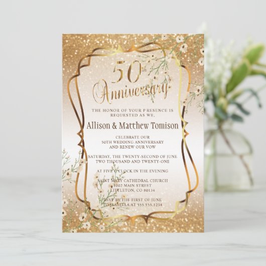50回目のゴールドグリッターウェディングアニバーサリー | DIY テキスト 招待状 (スタンド正面)
