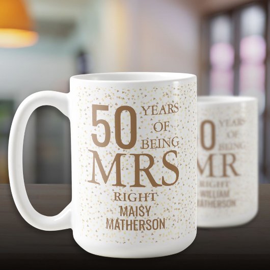 50回目の結婚記念日お祝いゴールドハートのミセス・ライト コーヒーマグカップ