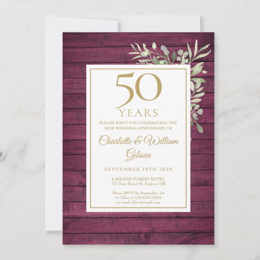 50回目の結婚記念日のためのレトロな赤い木のグリーン 招待状 (正面)