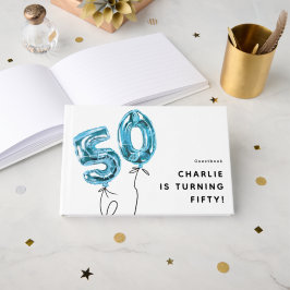50回目の誕生日をお祝いするミニマルなブルーの風船デザイン ゲストブック
