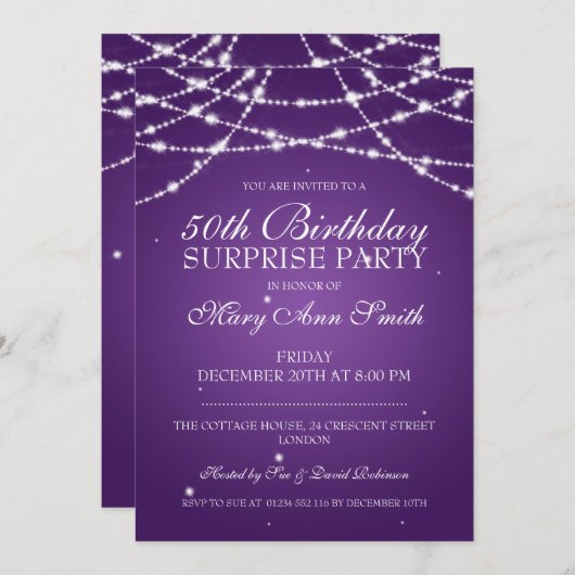 50回目の誕生日パーティーのひもが紫 招待状 (正面/裏面)