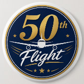 50回目フライト記念ゴールド飛行機旅行お土産 缶バッジ (正面)