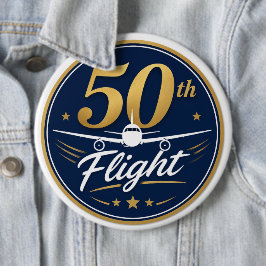 50回目フライト記念ゴールド飛行機旅行お土産 缶バッジ