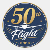 50回目フライト ゴールド飛行機 旅行のお土産 ラウンドシール (正面)