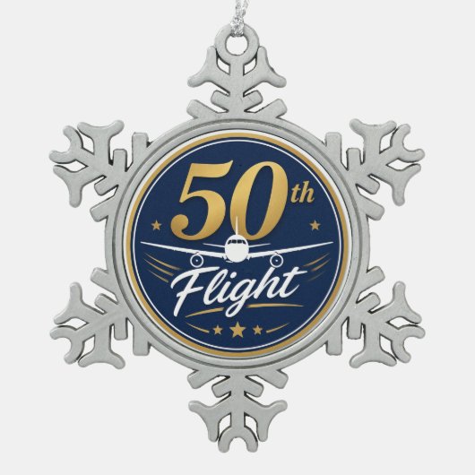 50回目フライト ゴールド 飛行機 旅行 お土産 スノーフレークピューターオーナメント (正面)