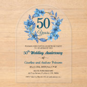 50回目 ブルー フローラル サプライズ 結婚記念日 アクリル招待状 (正面)