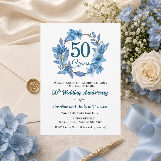 50回目 ブルー フローラル サプライズ 結婚記念日 招待状