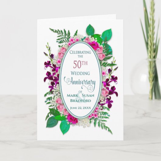 50回記念日、楕円形、コテージの花 カード (正面)