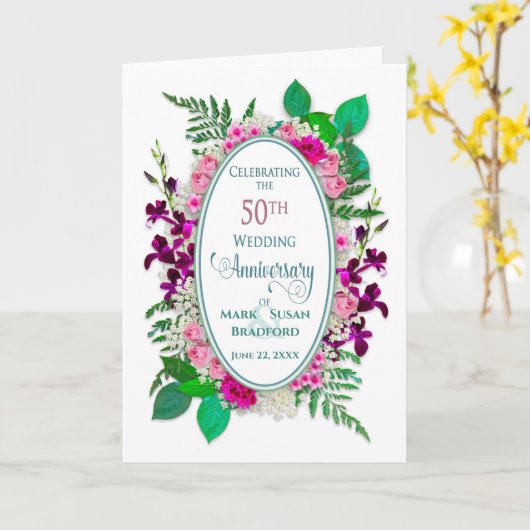 50回記念日、楕円形、コテージの花 カード (黄色い花)