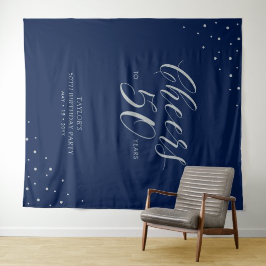 50年おめでとう | シルバー&ネイビー 誕生日パーティー タペストリー (インサイチュ(横))