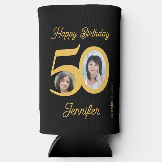 50年のハッピーバースデー金ゴールド黒2枚の写真名 スリム缶クーラー (正面)