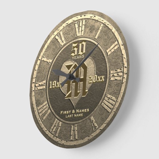 50年のヴィンテージ・金ゴールド・ル結婚ックの記念日 ラージ壁時計 (傾斜)