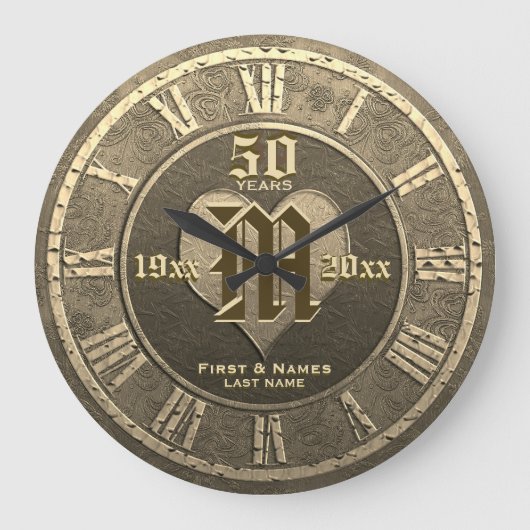 50年のヴィンテージ・金ゴールド・ル結婚ックの記念日 ラージ壁時計 (正面)