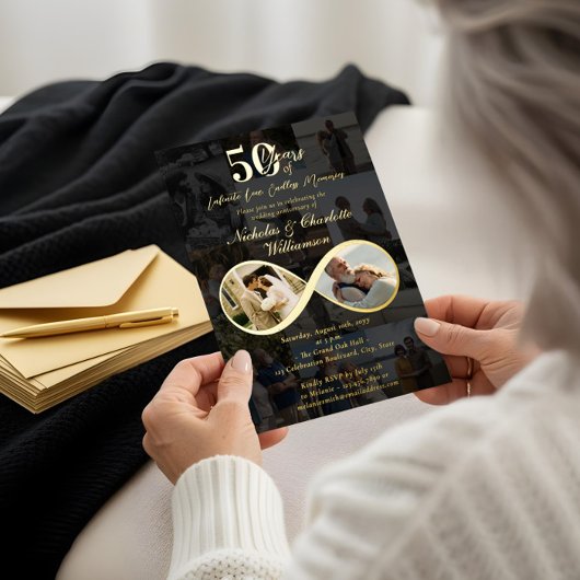 50年の愛インフィニティ写真コラージュ記念日 箔招待状