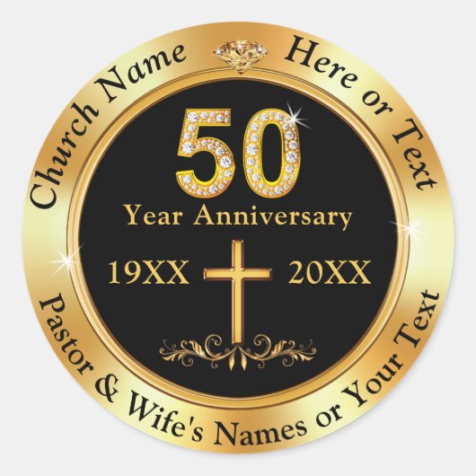 50年の教会の記念日、封筒または好意 ラウンドシール (正面)
