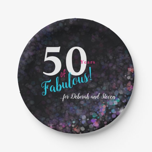 50年の素晴らしいピンク、スリバー、ティール(緑がかった色)グリッター ペーパープレート (正面)