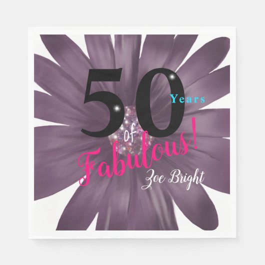 50年の素晴らしい紫エレガントのデイジーとグリッター スタンダードランチョンナプキン (正面)