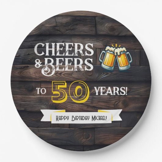 50年を祝して乾杯とビールを  rusticな誕生日 ペーパープレート (正面)