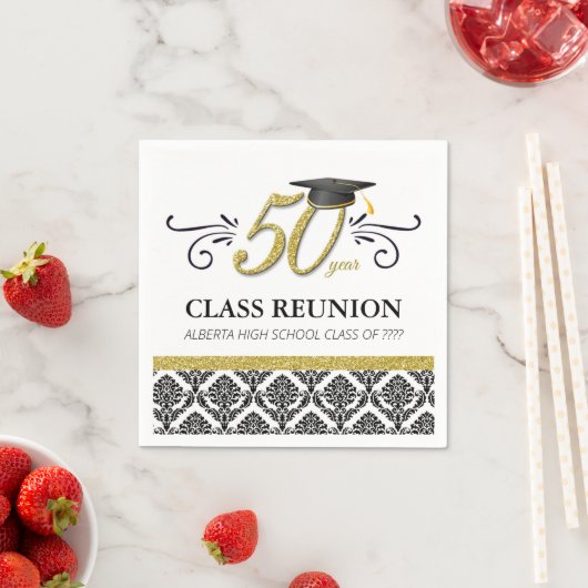 50年クラス懇親会ナプキンス – ブラックと金ゴールド スタンダードカクテルナプキン (インサイチュ)