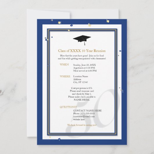 50年クラス懇親会王室の青アクセント 招待状 (裏面)