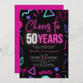 50年モダン50歳の誕生日パーティーへのネオン応援 招待状 (正面/裏面)