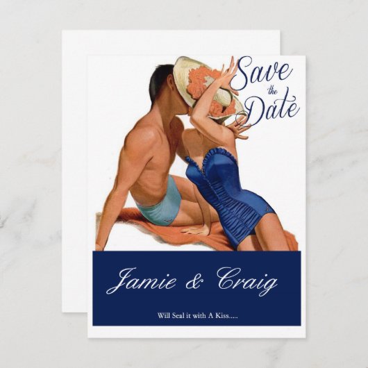 50年代に接吻するヴィンテージは日付の郵便はがきを救います セーブザデート (正面/裏面)