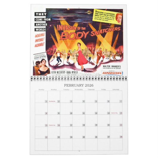 50年代のカレンダーのサイファイ及びホラー映画ポスター カレンダー (2月 2026)