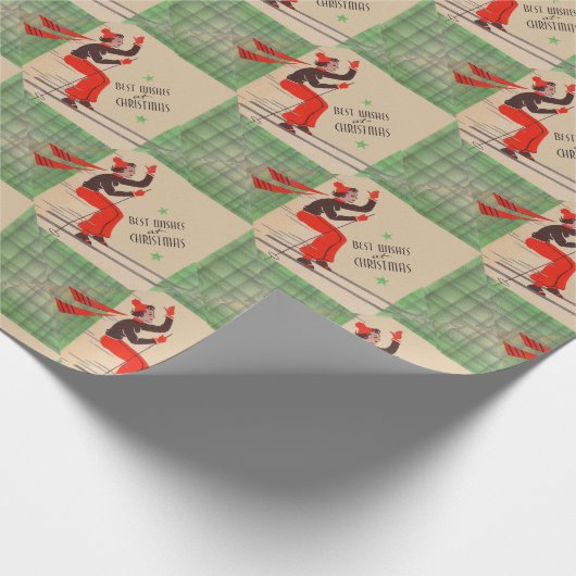 50年代のクリスマスのスキーヤーのプリント ラッピングペーパー (角)