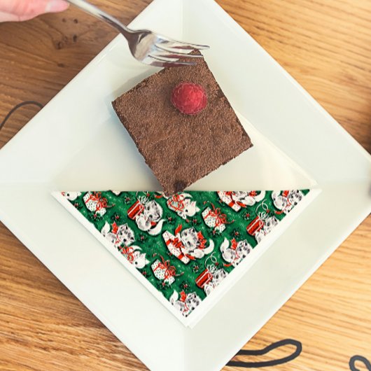 50年代のグリーンビンテージクリスマスパターンと子猫