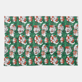 50年代のグリーンビンテージクリスマスパターンと子猫 キッチンタオル