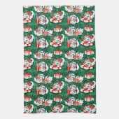50年代のグリーンビンテージクリスマスパターンと子猫 キッチンタオル (縦)