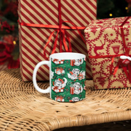 50年代のグリーンビンテージクリスマスパターンと子猫 コーヒーマグカップ