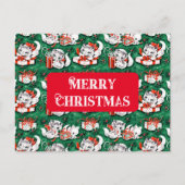 50年代のグリーンビンテージクリスマスパターンと子猫 シーズンポストカード (正面)