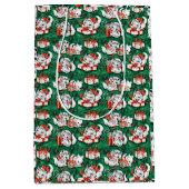 50年代のグリーンビンテージクリスマスパターンと子猫 ミディアムペーパーバッグ (正面)