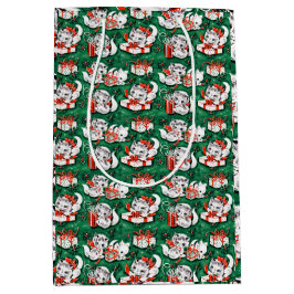 50年代のグリーンビンテージクリスマスパターンと子猫 ミディアムペーパーバッグ