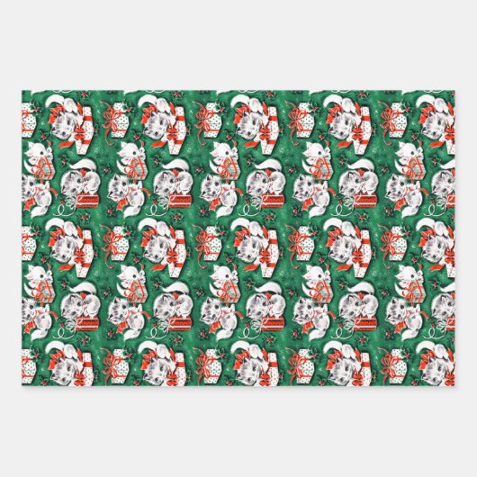 50年代のグリーンビンテージクリスマスパターンと子猫 ラッピングペーパーシート (正面3)