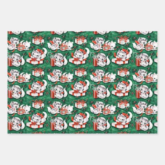 50年代のグリーンビンテージクリスマスパターンと子猫 ラッピングペーパーシート (正面)