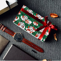 50年代のグリーンビンテージクリスマスパターンと子猫