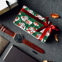 50年代のグリーンビンテージクリスマスパターンと子猫 ラッピングペーパーシート