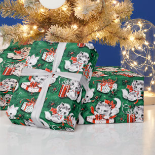 50年代のグリーンビンテージクリスマスパターンと子猫 ラッピングペーパー