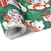 50年代のグリーンビンテージクリスマスパターンと子猫 ラッピングペーパー (ロールコーナー)