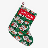 50年代のグリーンビンテージクリスマスパターンと子猫 ラージクリスマスストッキング (正面 (吊り時))