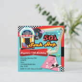 50年代のソックスホップ誕生日パーティー レトロ赤色の招待状 招待状 (スタンド正面)