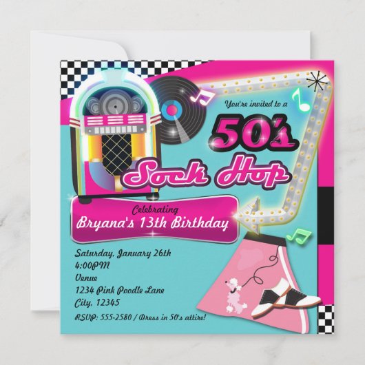 50年代のソックホップ誕生日パーティーのレトロな招待状 招待状 (正面)