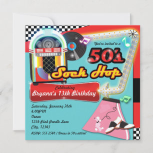 50年代のソックホップ誕生日パーティー レトロな赤の招待状 招待状