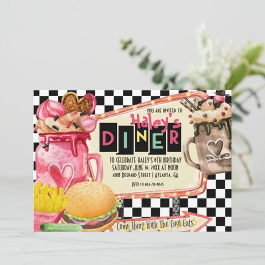50年代のダイナーのミルクセーキのパーティー 招待状 (スタンド正面)
