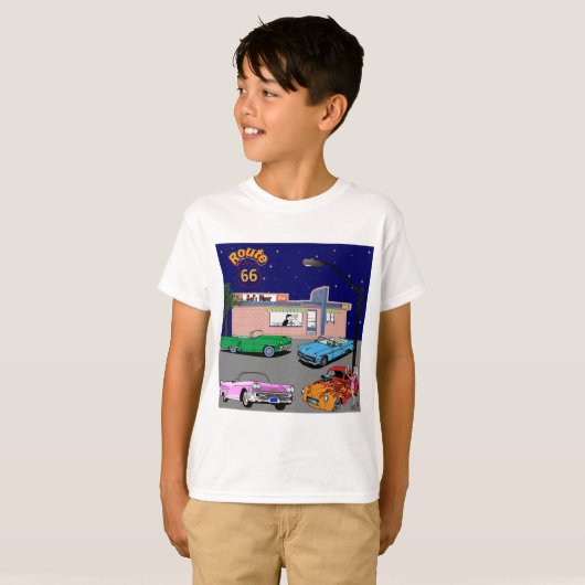 50年代のダイナーのルート66およびヴィンテージ車 Tシャツ (正面フル)