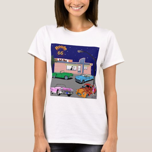 50年代のダイナーのルート66およびヴィンテージ車 Tシャツ (正面)