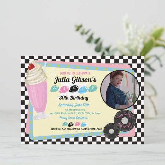 50年代のダイナーの誕生日のレトロのパーティーの五十年代の写真50s 招待状 (スタンド正面)